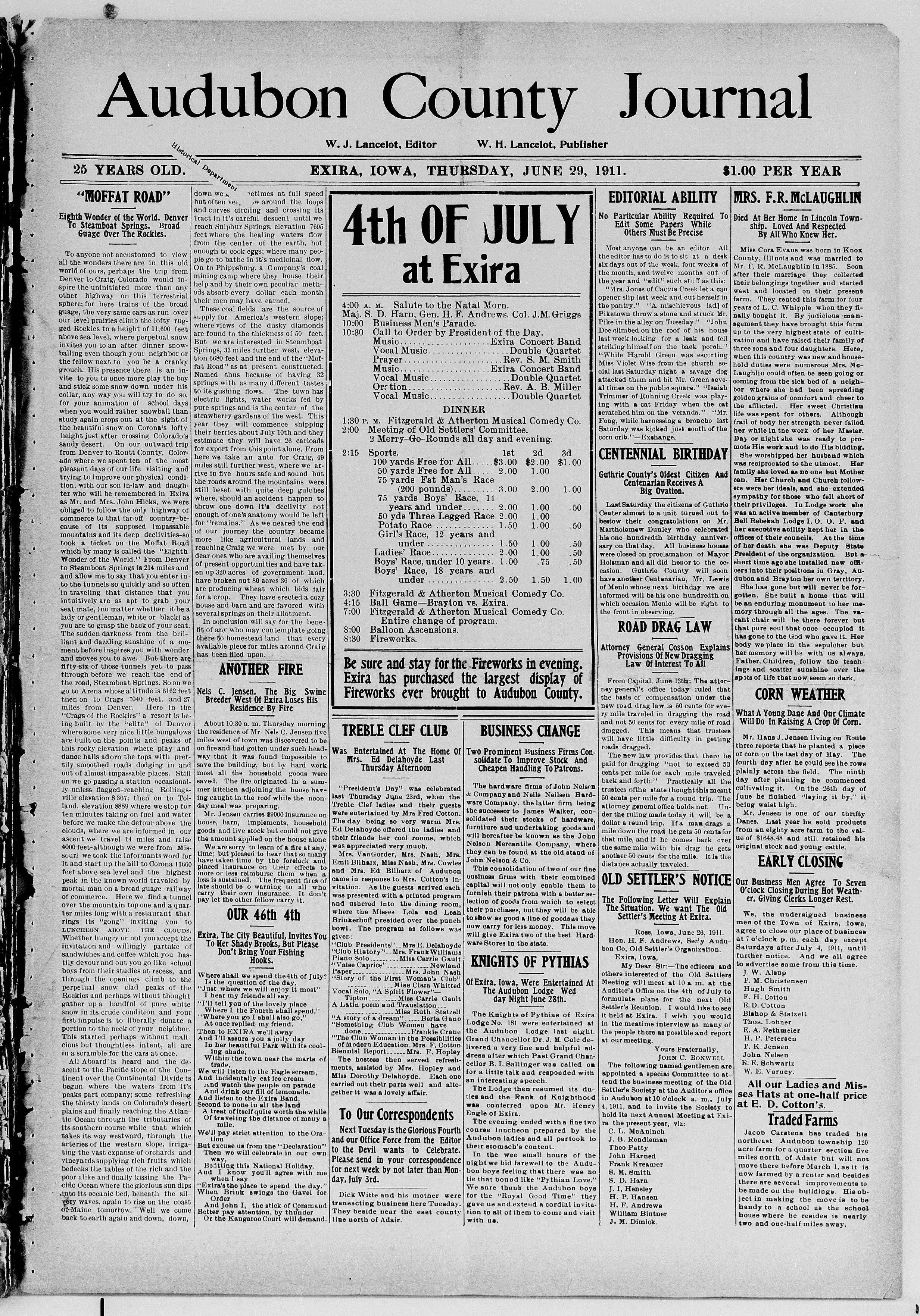 Original Audubon County Journal front page, June 29, 1911